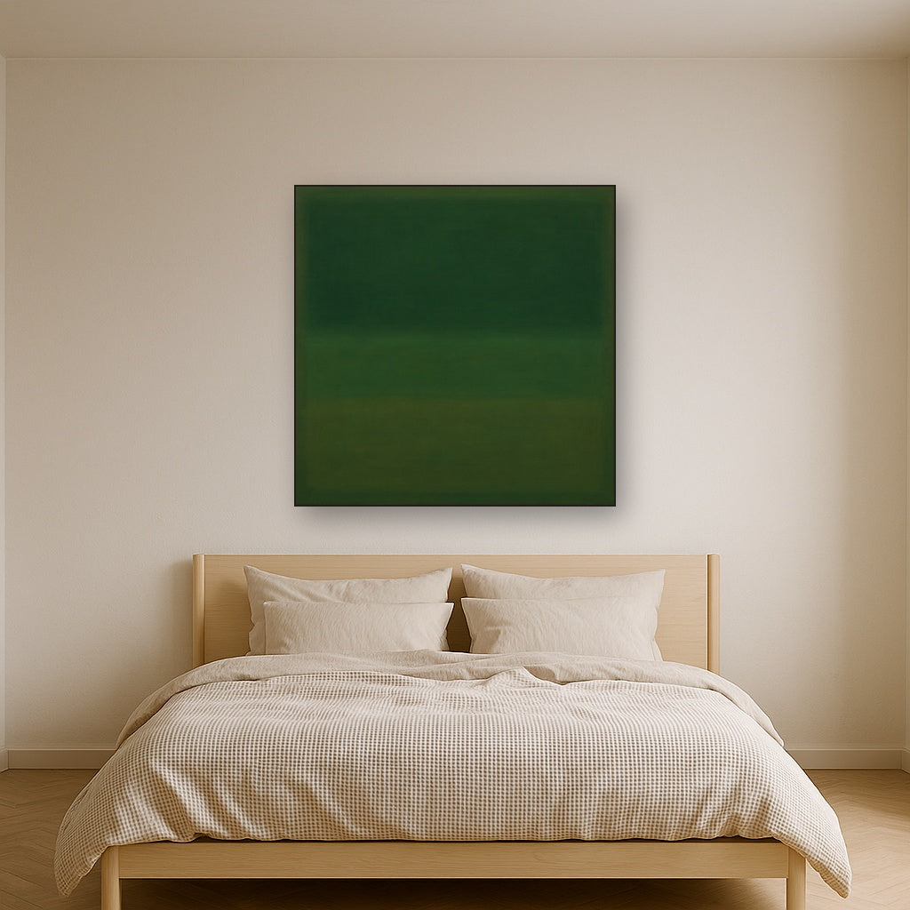 Forest Emerald & Deep Moss Contemplative Field No. 9 Oil Painting Staged Above Master Bed in Bedroom, Calming Neutral Hand Painted Oil Art