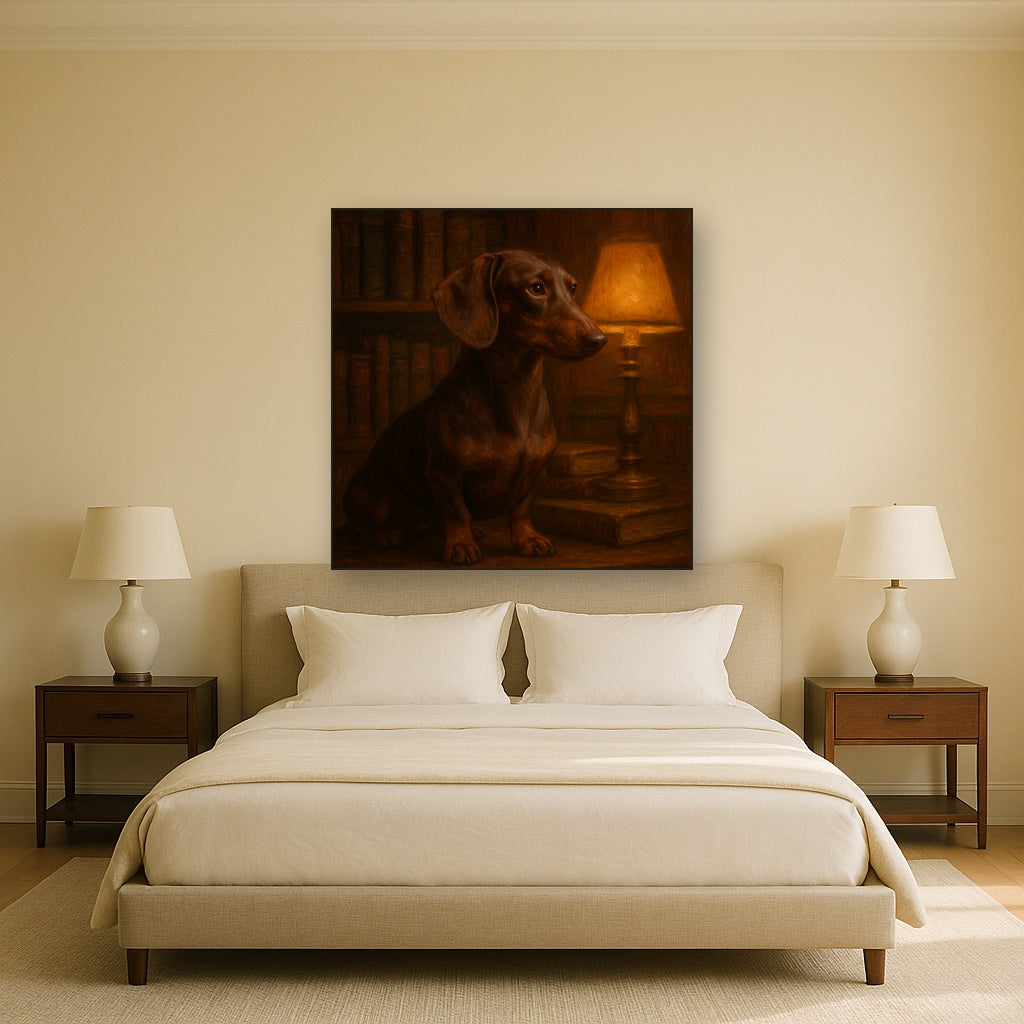 Smooth Dachshund in Moody Library Study No. 11 Fine Art Oil Painting - View 3