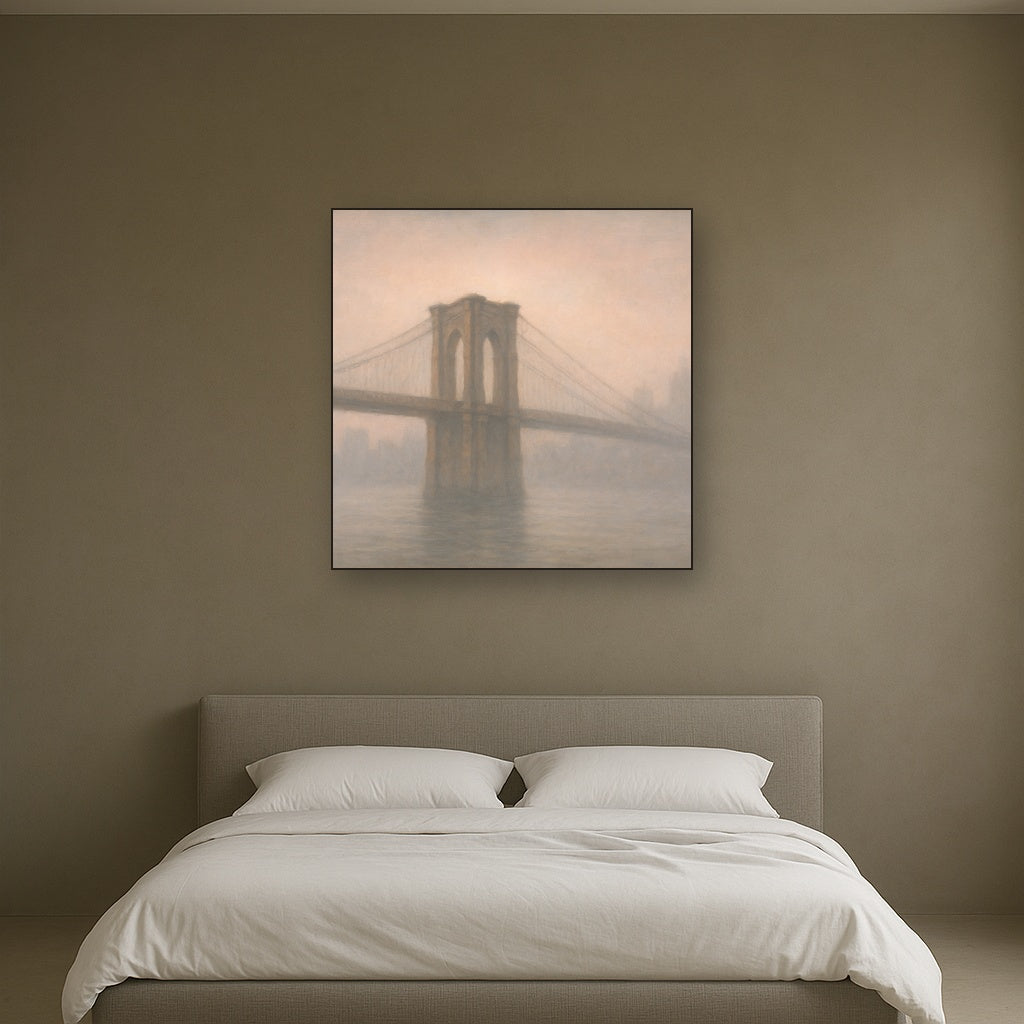 Brooklyn Bridge in Morning River Mist No. 26 Oil Painting Staged Above Master Bed in Bedroom, Calming Neutral Hand Painted Oil Art