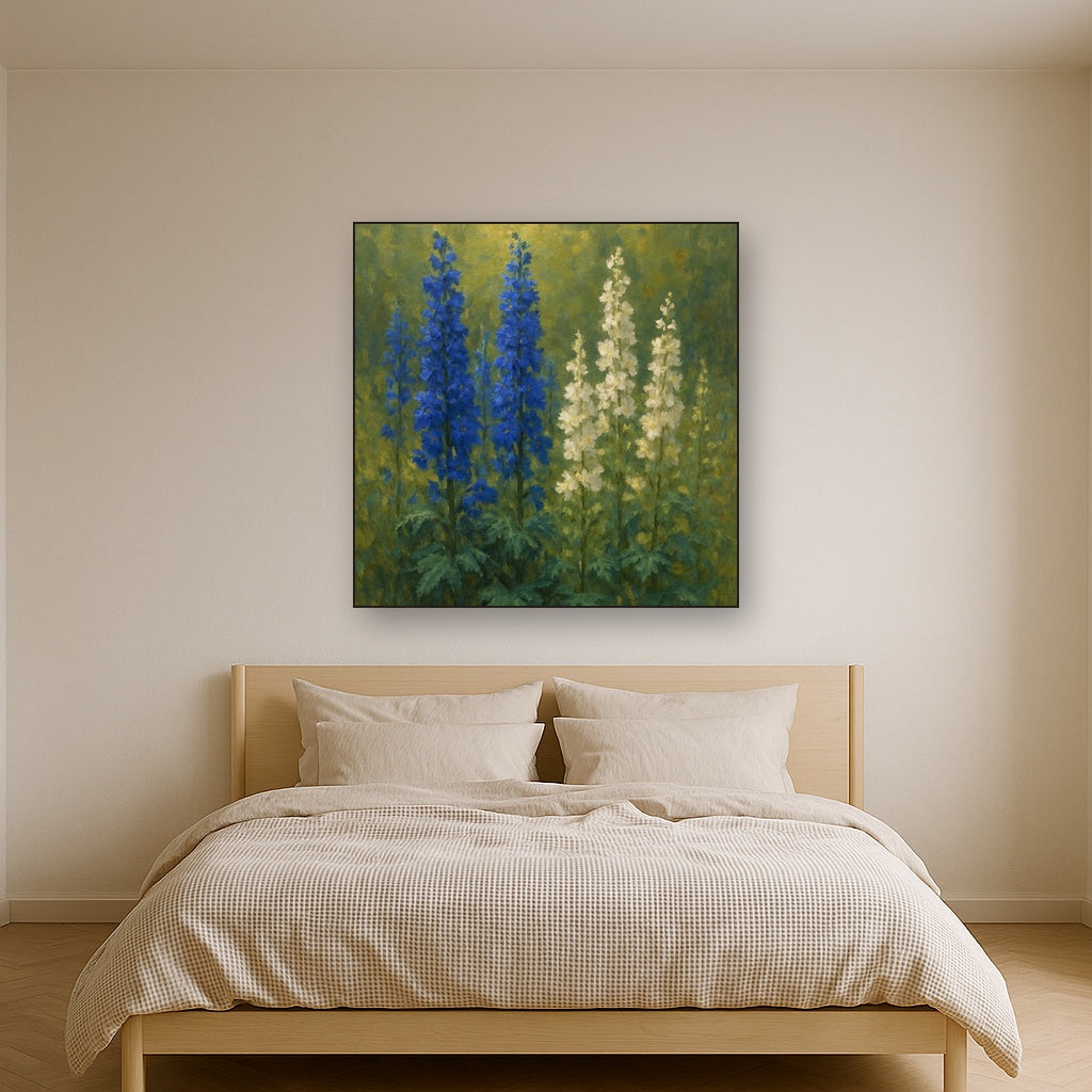 Wild Blue Delphiniums & White Larkspur Garden Fine Art Oil Painting - View 3