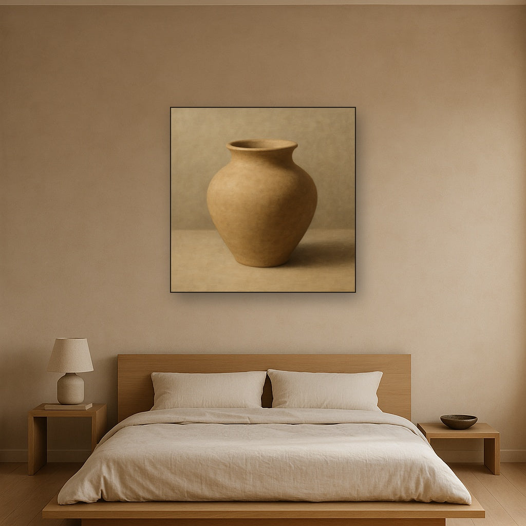Organic Clay Vessel & Solitary Shadow No. 12 Oil Painting Staged Above Master Bed in Bedroom, Calming Neutral Hand Painted Oil Art