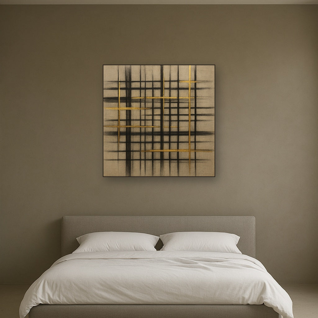 Abstract Woven Line Matrix in Charcoal & Gold No. 5 Fine Art Oil Painting - View 3