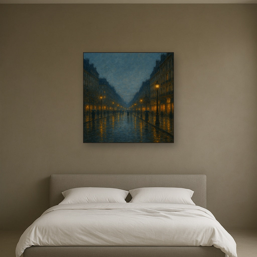 Rainy Parisian Boulevard at Twilight No. 25 Oil Painting Staged Above Master Bed in Bedroom, Calming Neutral Hand Painted Oil Art