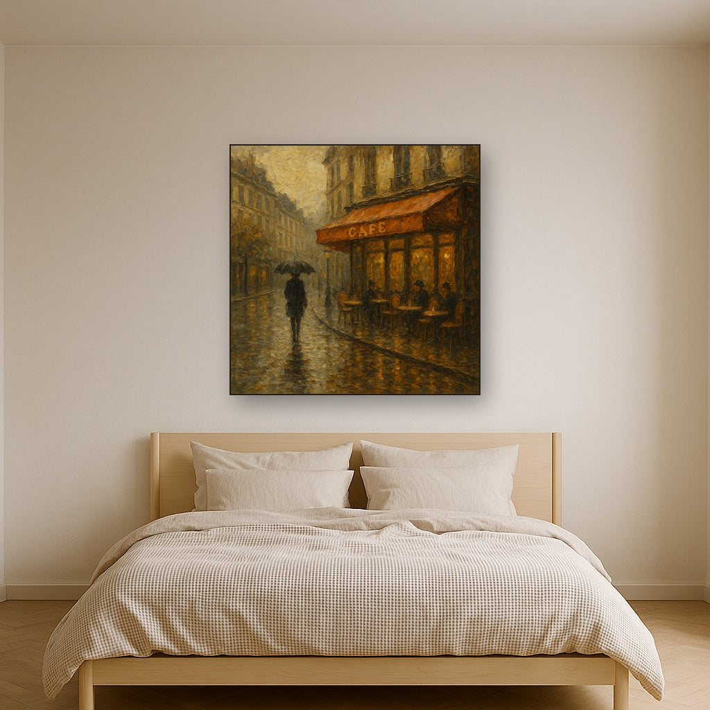 Parisian Cafe Rain Reflections No. 2 Oil Painting - Styled in Master Bedroom