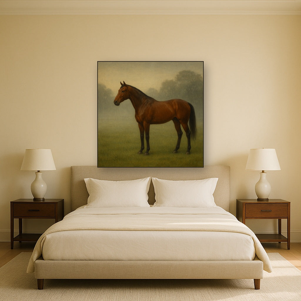 Thoroughbred in Morning Pasture Mist Oil Painting Staged Above Master Bed in Bedroom, Calming Neutral Hand Painted Oil Art