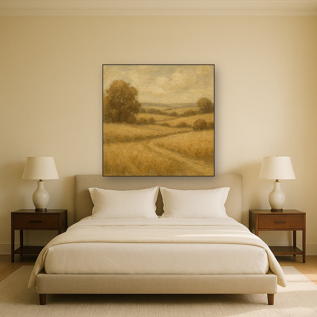 Earthy Linen Plaster Countryside Calm No. 5 Oil Painting - Styled in Master Bedroom