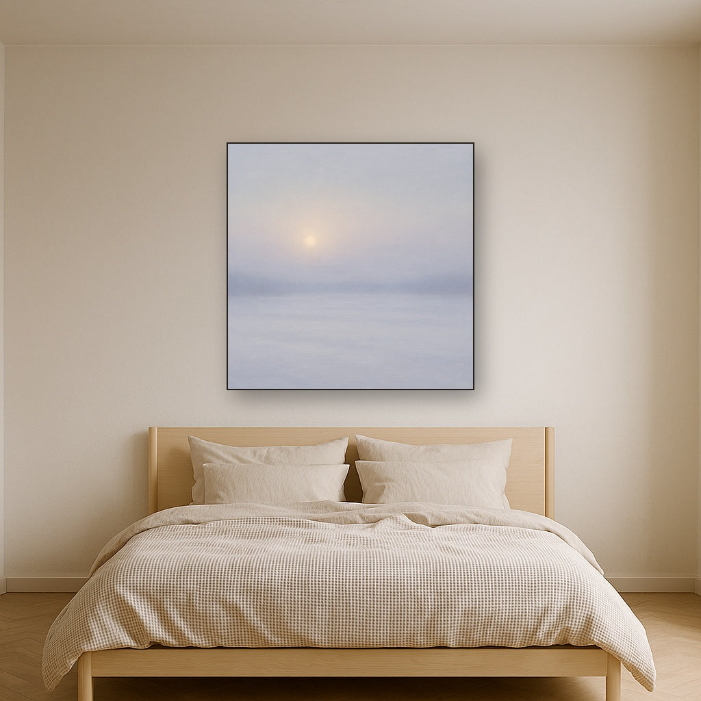 Winter Dawn Frost & Pale Silver Light No. 7 Oil Painting Staged Above Master Bed in Bedroom, Calming Neutral Hand Painted Oil Art