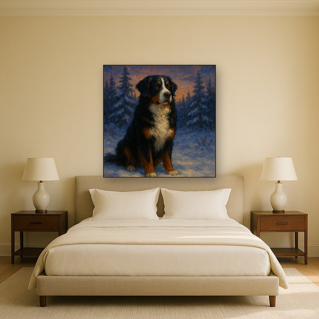 Bernese Mountain Dog in Winter Snowscape No. 2 Fine Art Oil Painting - View 3