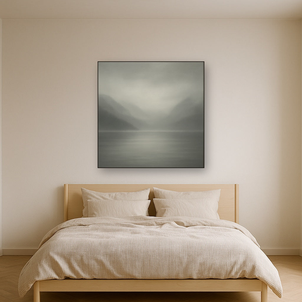 Misty Fjord Horizon in Monochromatic Slate No. 13 Oil Painting Staged Above Master Bed in Bedroom, Calming Neutral Hand Painted Oil Art