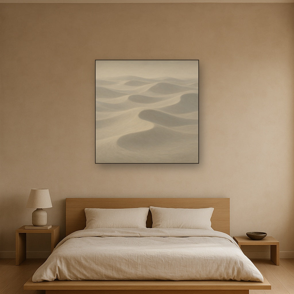 Monochrome Sand Dune Contours & Pale Slate No. 5 Oil Painting Staged Above Master Bed in Bedroom, Calming Neutral Hand Painted Oil Art