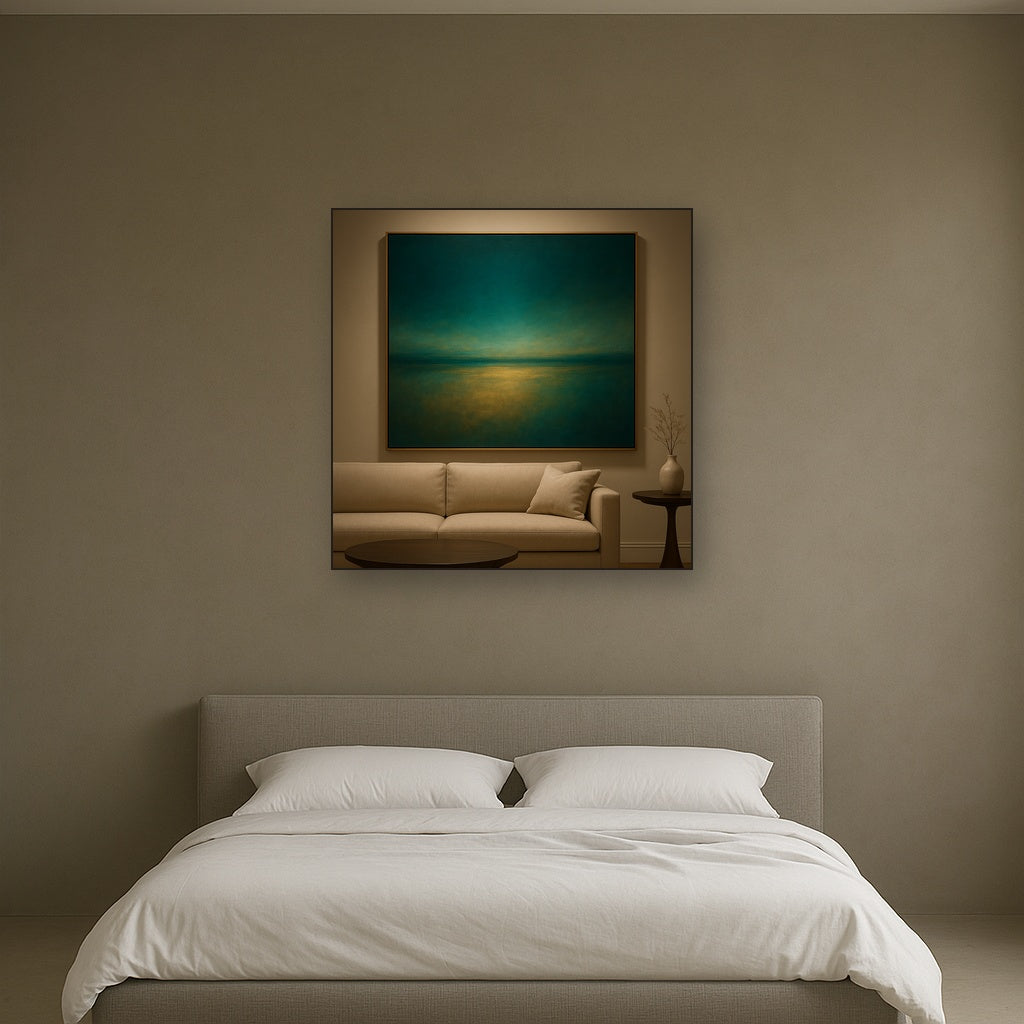 Peacock Teal & Champagne Gold Horizon No. 2 Oil Painting Staged Above Master Bed in Bedroom, Calming Neutral Hand Painted Oil Art