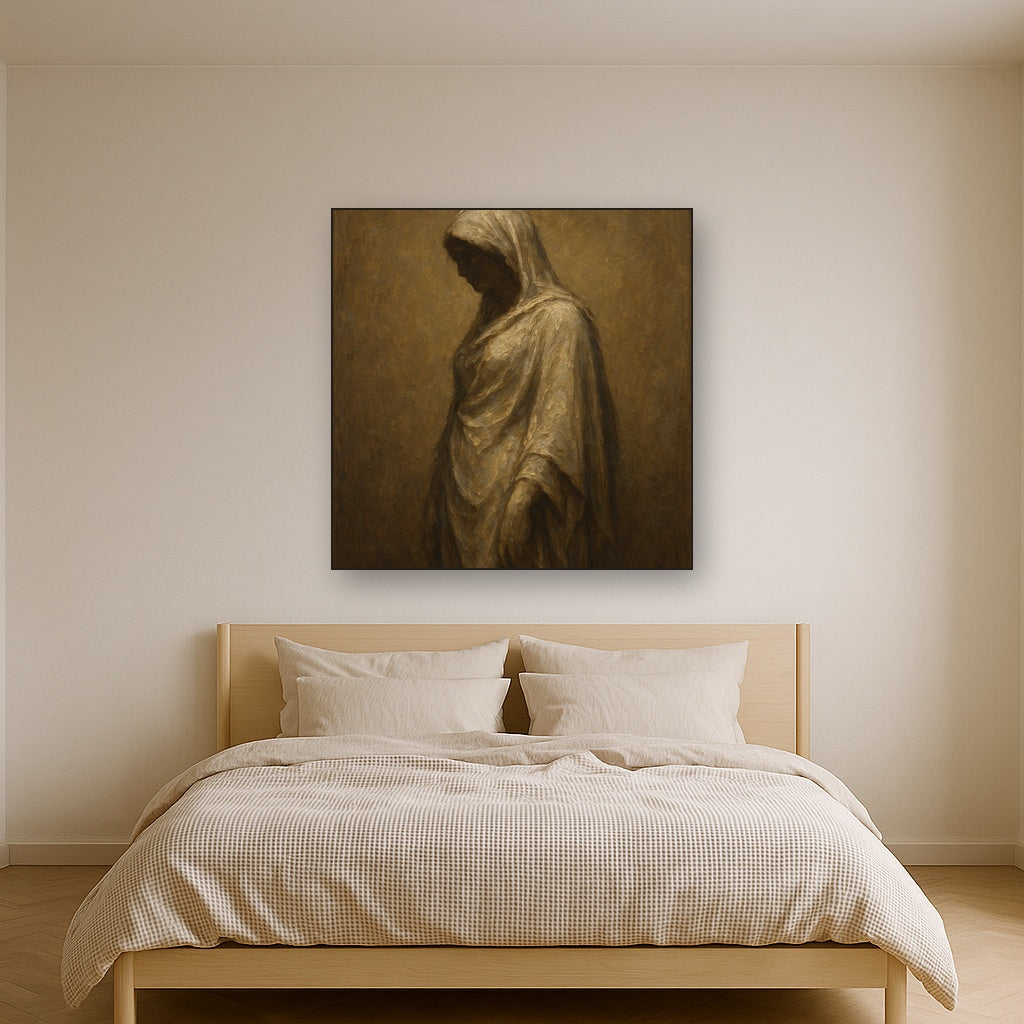 Renaissance Draped Silhouette Oil Painting Staged Above Master Bed in Bedroom, Calming Neutral Hand Painted Oil Art
