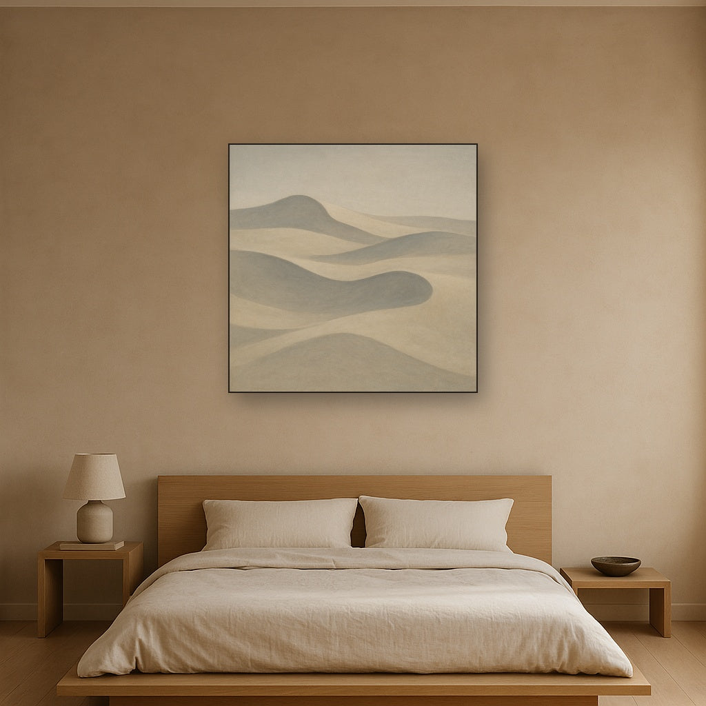 Monochrome Sand Dune Contours & Pale Slate No. 8 Oil Painting Staged Above Master Bed in Bedroom, Calming Neutral Hand Painted Oil Art