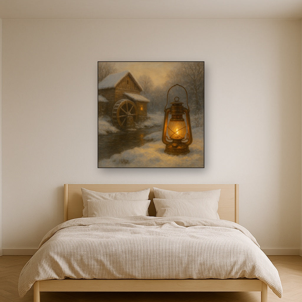 Snowy Mill Stream & Glowing Lantern No. 3 Oil Painting - View 3