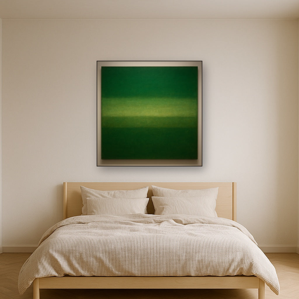 Forest Emerald & Deep Moss Contemplative Field No. 22 Oil Painting Staged Above Master Bed in Bedroom, Calming Neutral Hand Painted Oil Art