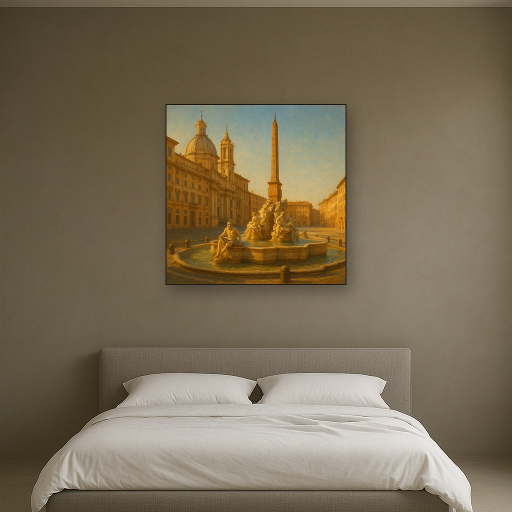 Rome Piazza Fountain in Morning Sunlight No. 21 Oil Painting Staged Above Master Bed in Bedroom, Calming Neutral Hand Painted Oil Art