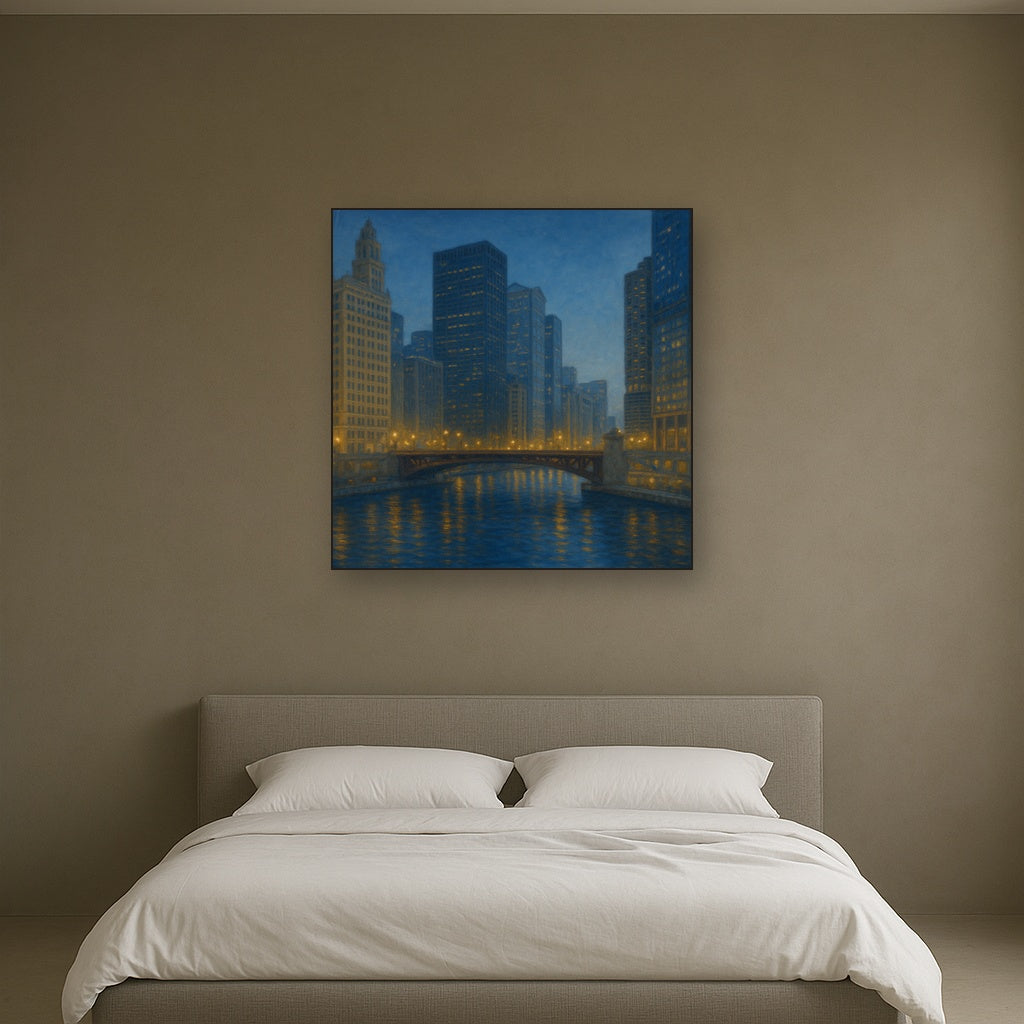 Chicago Riverfront Architecture at Blue Hour No. 7 Oil Painting - View 3
