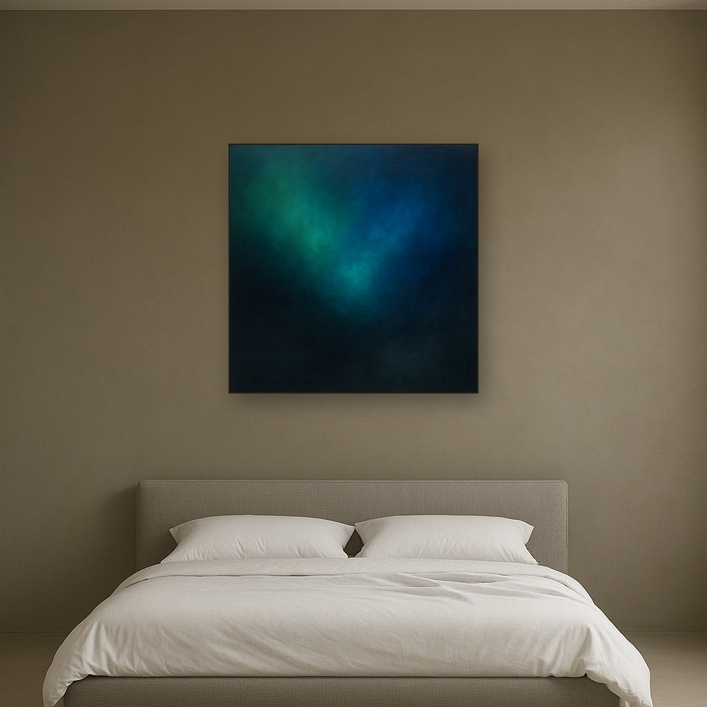 Emerald & Midnight Sapphire Sfumato Immersion No. 15 Oil Painting Staged Above Master Bed in Bedroom, Calming Neutral Hand Painted Oil Art