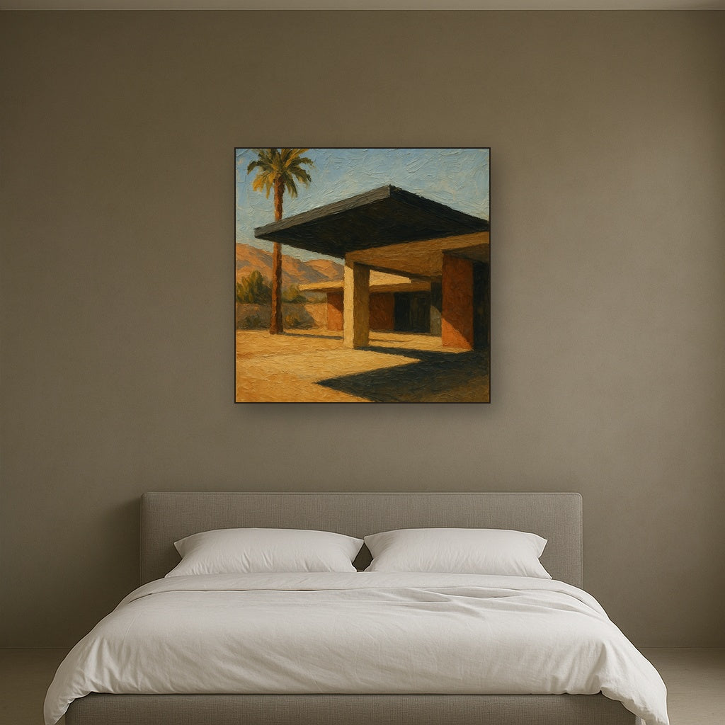 Palm Springs Modernist Pavilion Shadow No. 8 Oil Painting - Styled in Master Bedroom