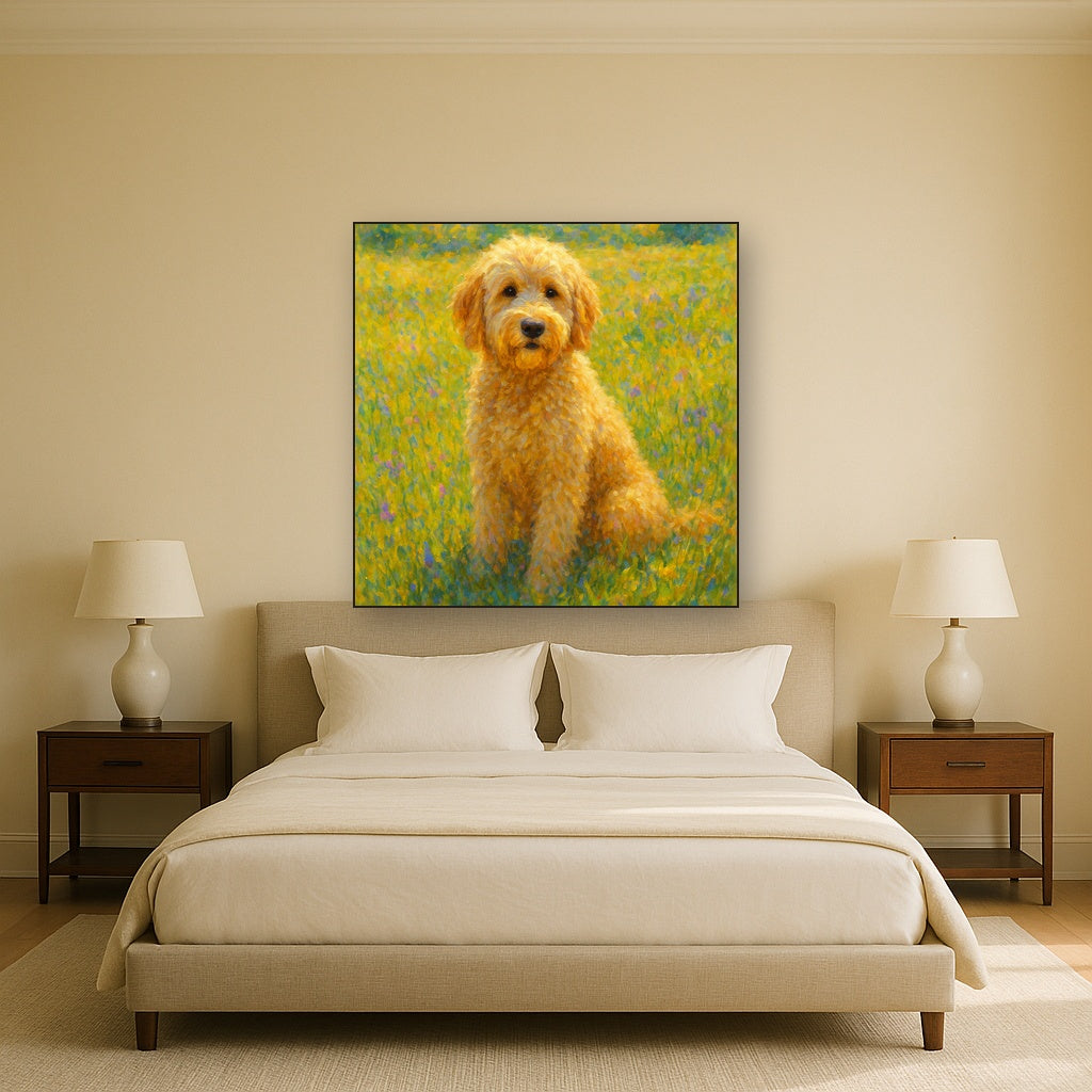 Fluffy Goldendoodle in Sun-Drenched Meadow No. 3 Fine Art Oil Painting - View 3