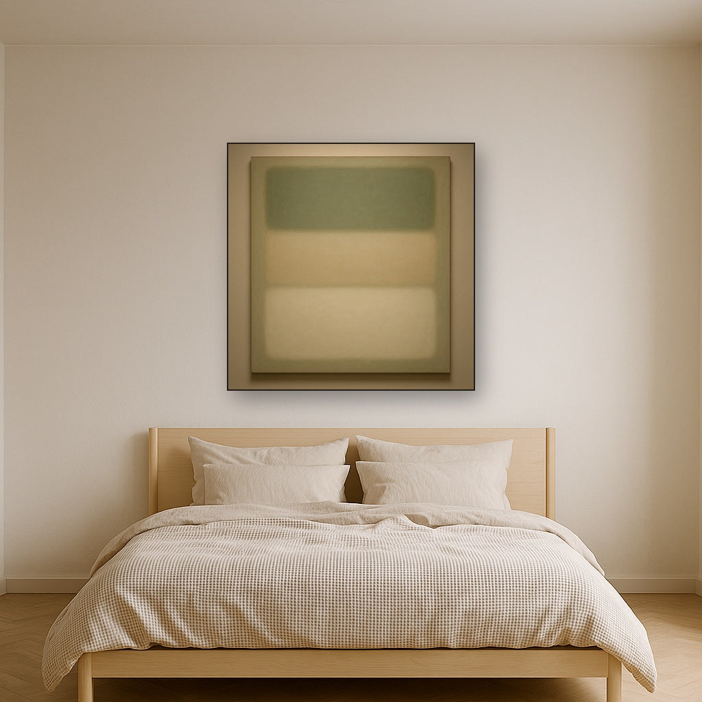 Sage Olive & Pale Sandstone Minimalist Harmony No. 7 Oil Painting Staged Above Master Bed in Bedroom, Calming Neutral Hand Painted Oil Art