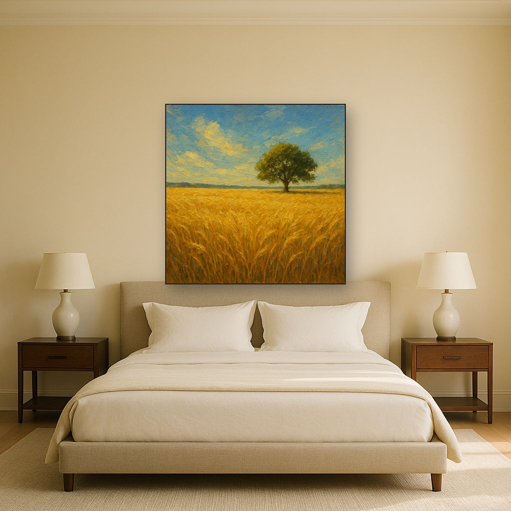 Sun-Drenched Wheat Field & Solitary Tree Oil Painting - Styled in Master Bedroom