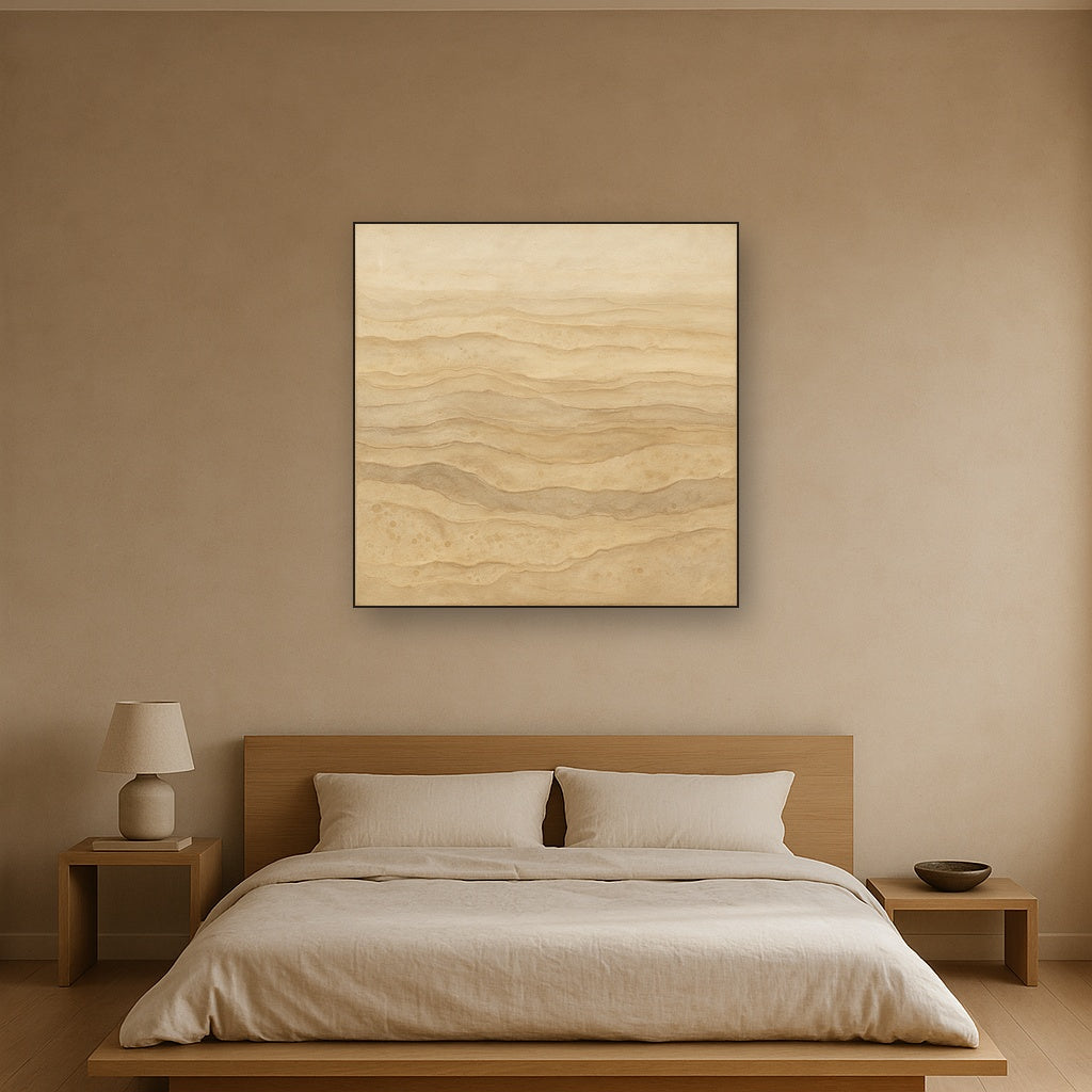 Weathered Mineral Sediments in Warm Ecru No. 9 Oil Painting Staged Above Master Bed in Bedroom, Calming Neutral Hand Painted Oil Art