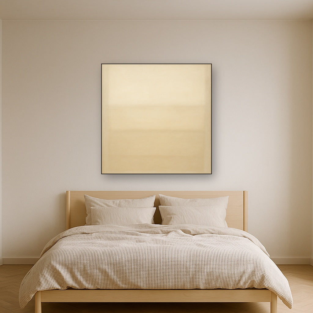 Oatmeal White & Pale Alabaster Monochrome Study No. 18 Oil Painting Staged Above Master Bed in Bedroom, Calming Neutral Hand Painted Oil Art