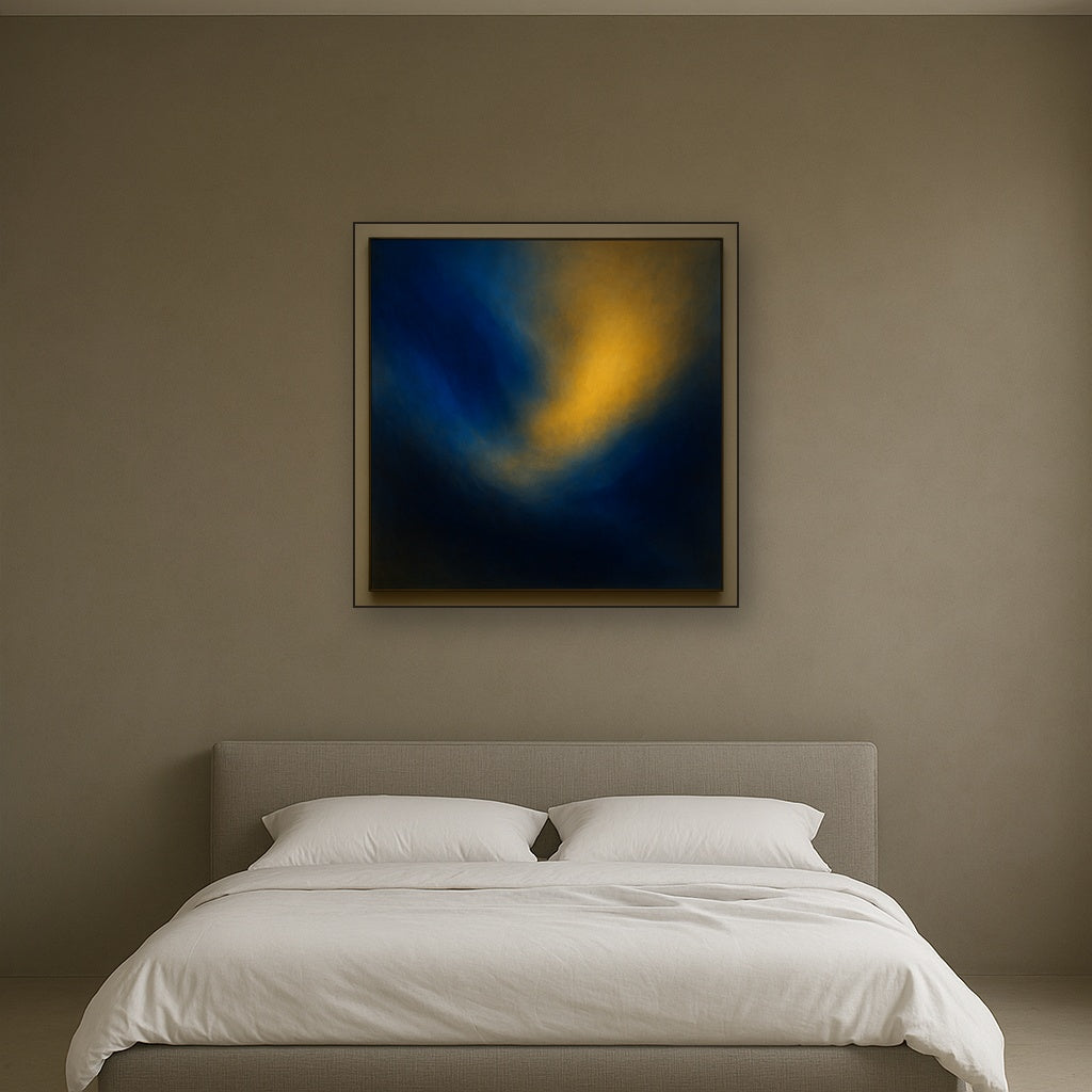 Lapis Lazuli & Golden Ochre Luminous Field No. 19 Oil Painting Staged Above Master Bed in Bedroom, Calming Neutral Hand Painted Oil Art