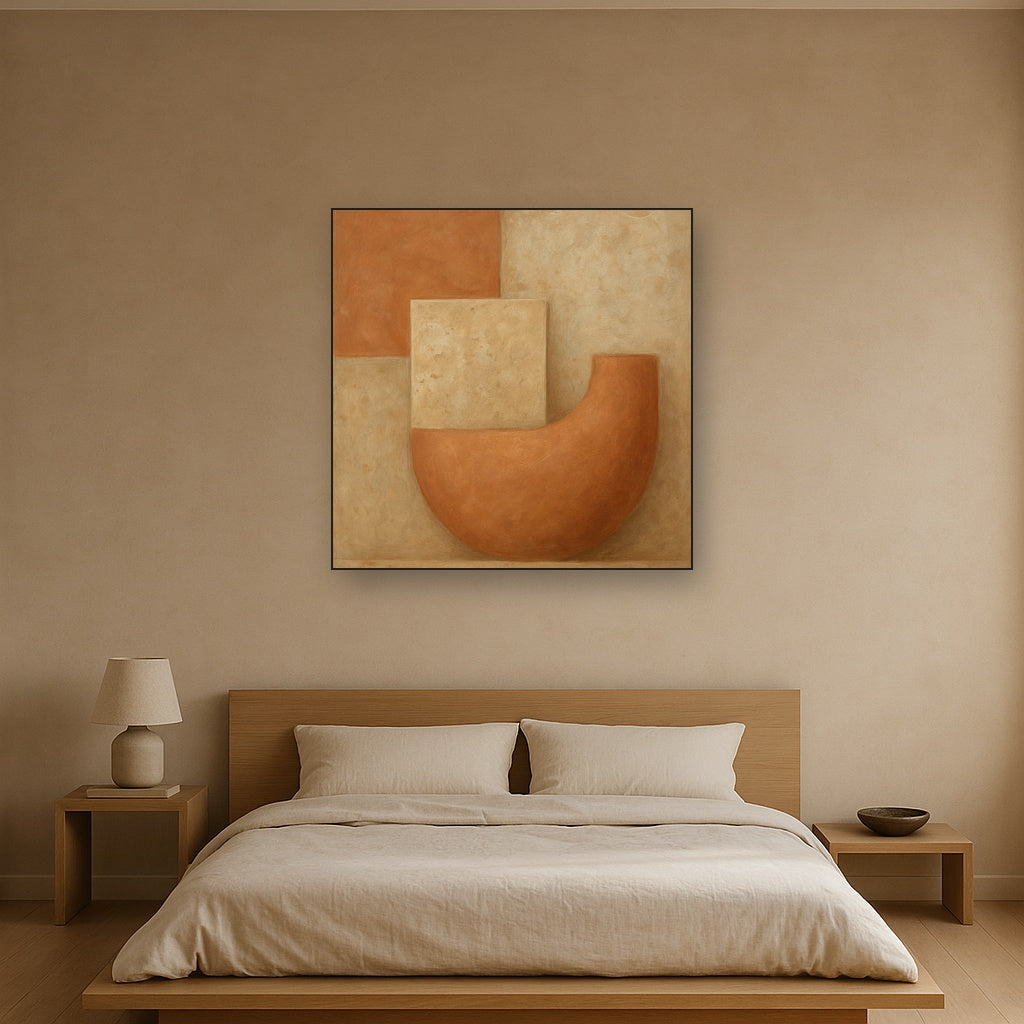 Earthy Terracotta & Weathered Plaster Wash No. 19 Oil Painting Staged Above Master Bed in Bedroom, Calming Neutral Hand Painted Oil Art