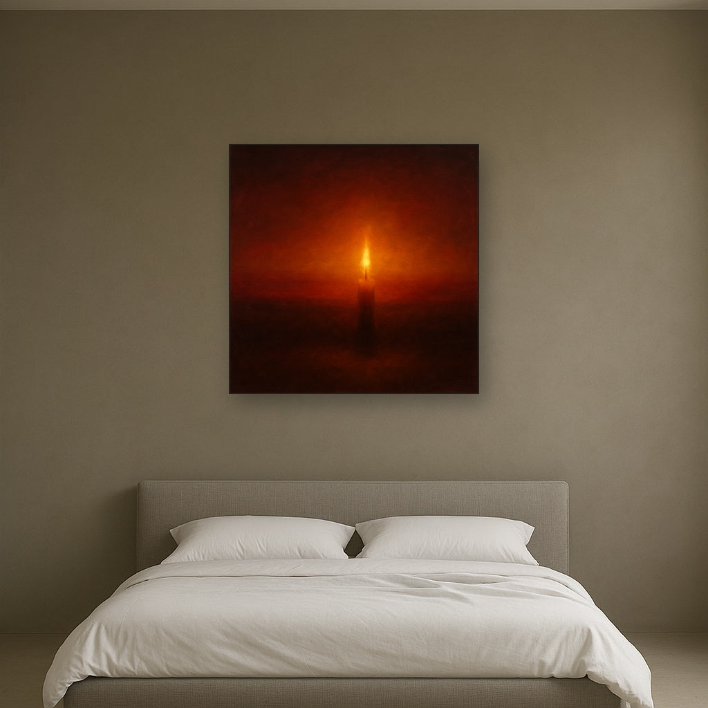 Deep Garnet & Amber Candlelight Horizon No. 2 Oil Painting Staged Above Master Bed in Bedroom, Calming Neutral Hand Painted Oil Art