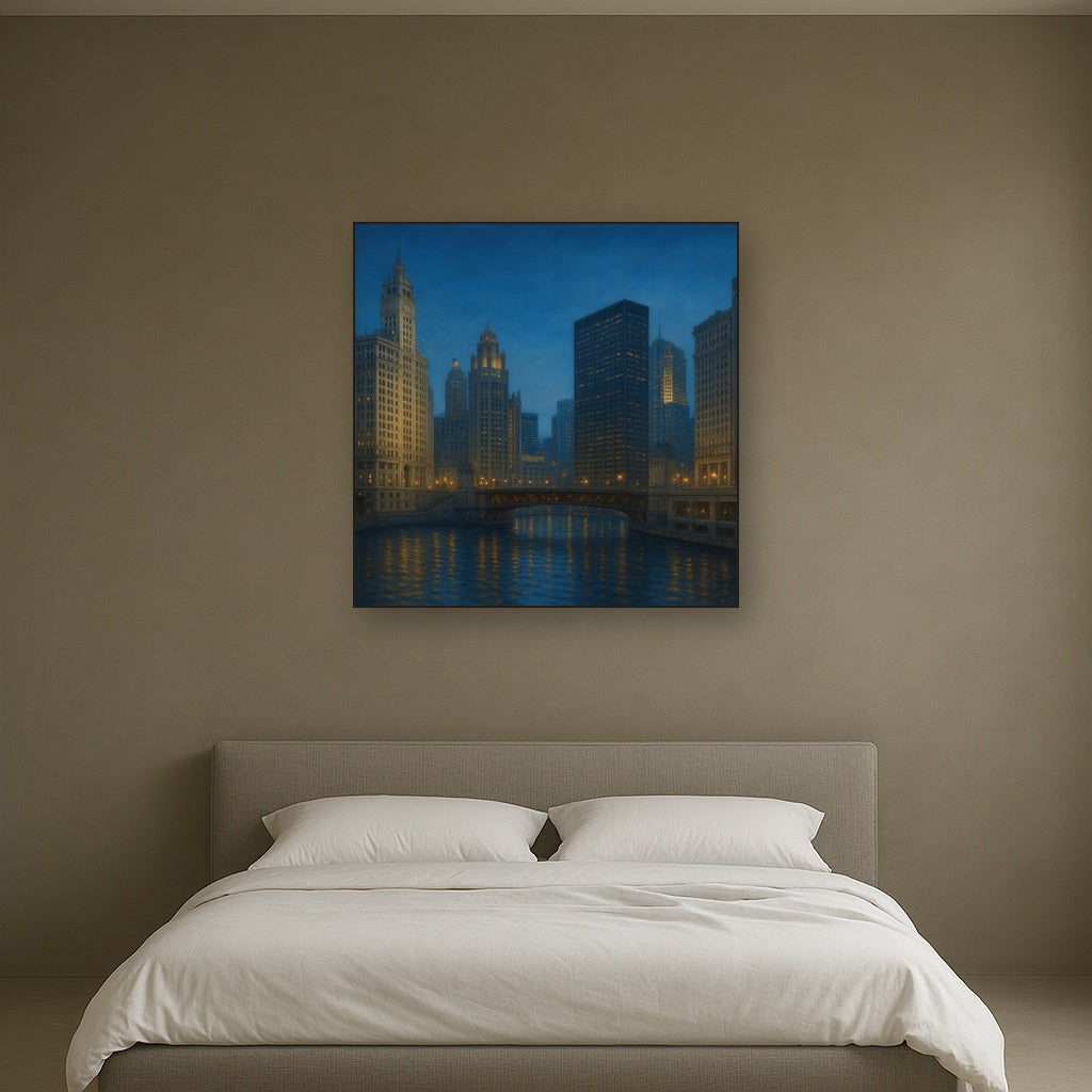 Chicago Riverfront Architecture at Blue Hour No. 2 Oil Painting - View 3