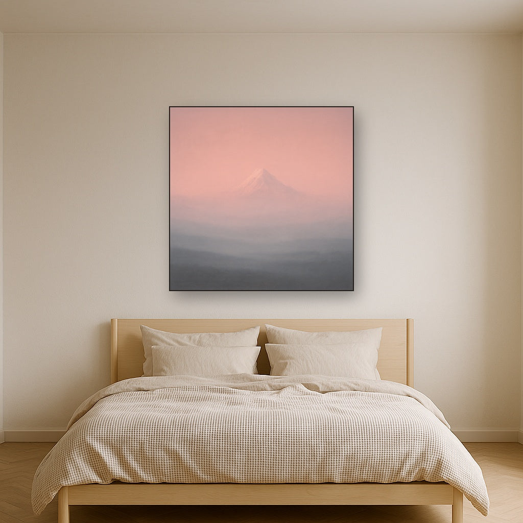 Pale Alpenglow over Distant Glacial Peak No. 12 Oil Painting Staged Above Master Bed in Bedroom, Calming Neutral Hand Painted Oil Art