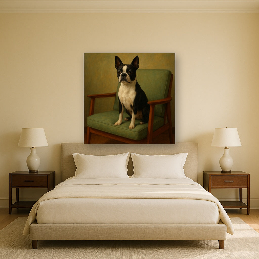 Boston Terrier in Warm Mid-Century Armchair No. 15 Fine Art Oil Painting - View 3