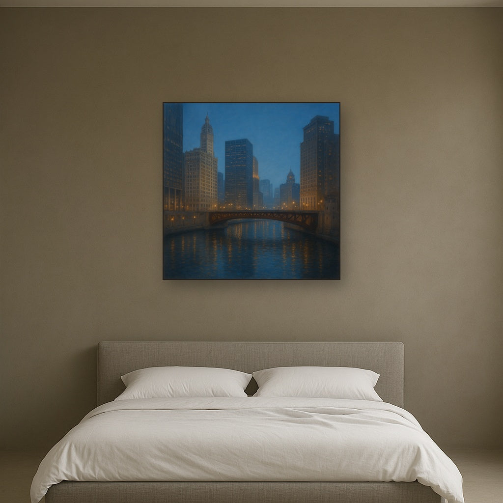Chicago Riverfront Architecture at Blue Hour No. 6 Oil Painting - View 3