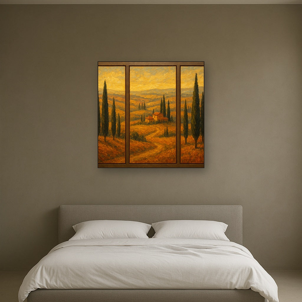 Tuscan Cypress Panorama Triptych No. 2 Oil Painting - Styled in Master Bedroom
