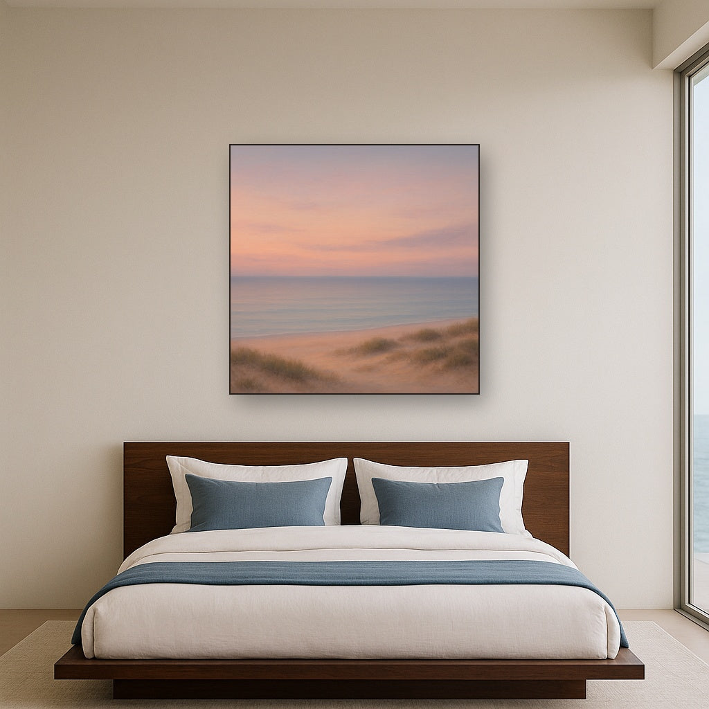 Pastel Dusk Horizon over Calm Atlantic Waters No. 19 Oil Painting Staged Above Master Bed in Bedroom, Calming Neutral Hand Painted Oil Art