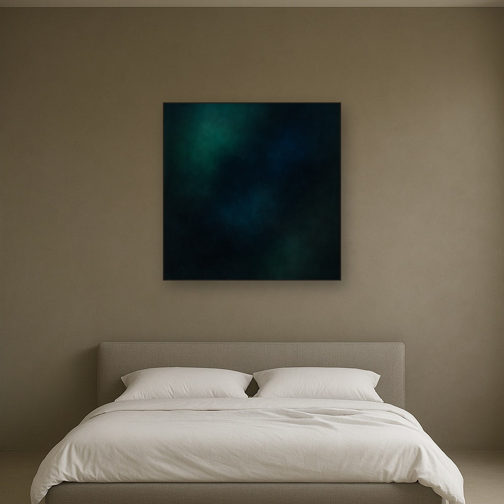 Emerald & Midnight Sapphire Sfumato Immersion No. 13 Oil Painting Staged Above Master Bed in Bedroom, Calming Neutral Hand Painted Oil Art