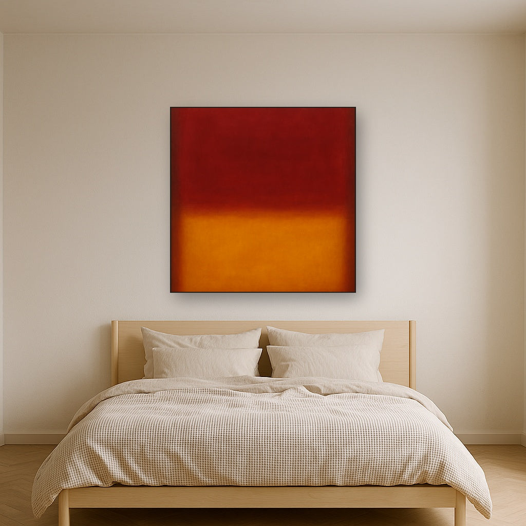 Crimson Burgundy & Saffron Gold Color Vibrations No. 29 Oil Painting Staged Above Master Bed in Bedroom, Calming Neutral Hand Painted Oil Art