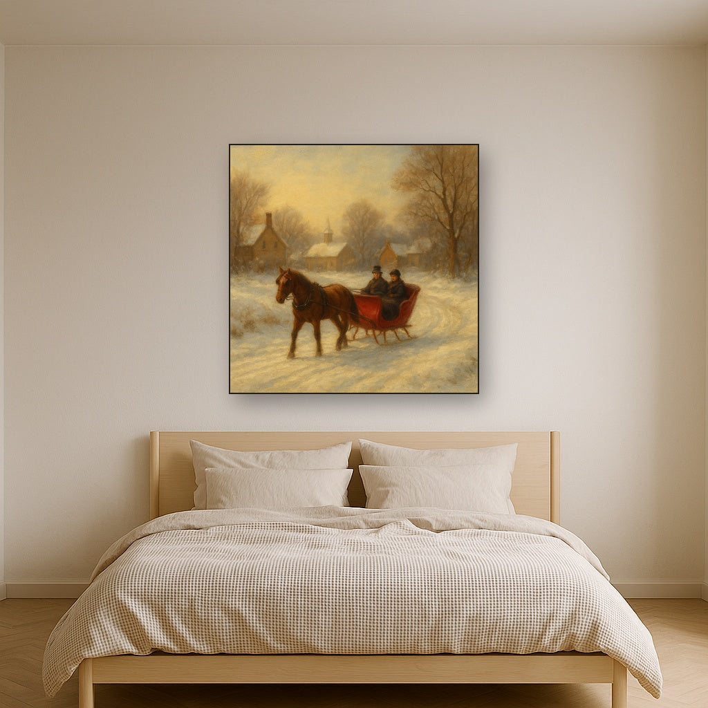 Horse-Drawn Sleigh on Village Snow Road Oil Painting - View 3