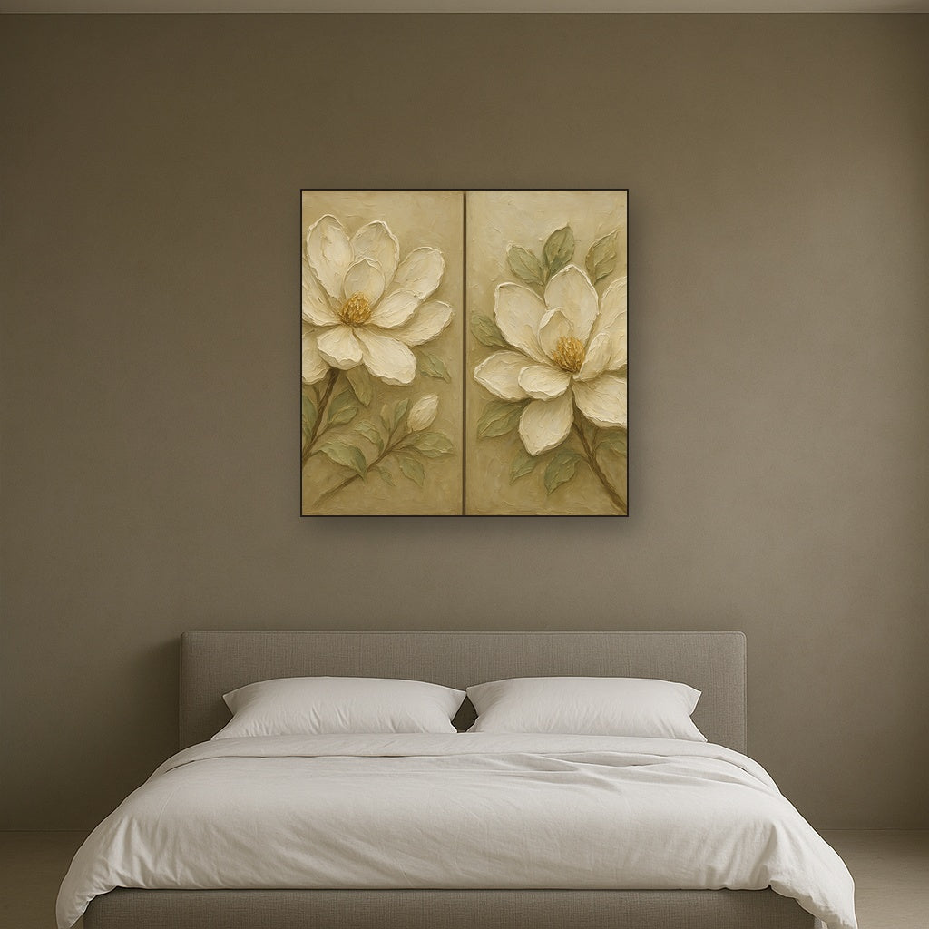 Sculptural Magnolia Diptych Blooms No. 2 Oil Painting - Styled in Master Bedroom