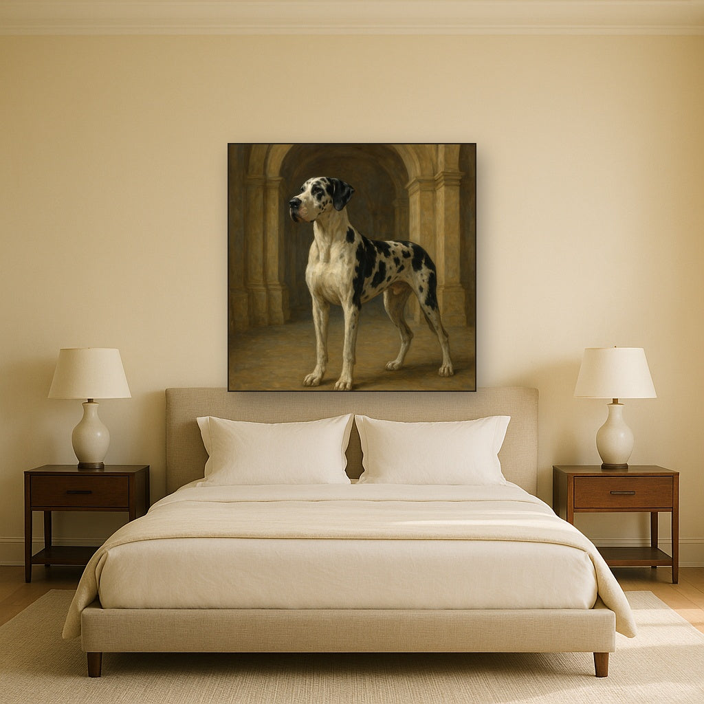 Regal Great Dane in Grand Architectural Hall Fine Art Oil Painting - View 3