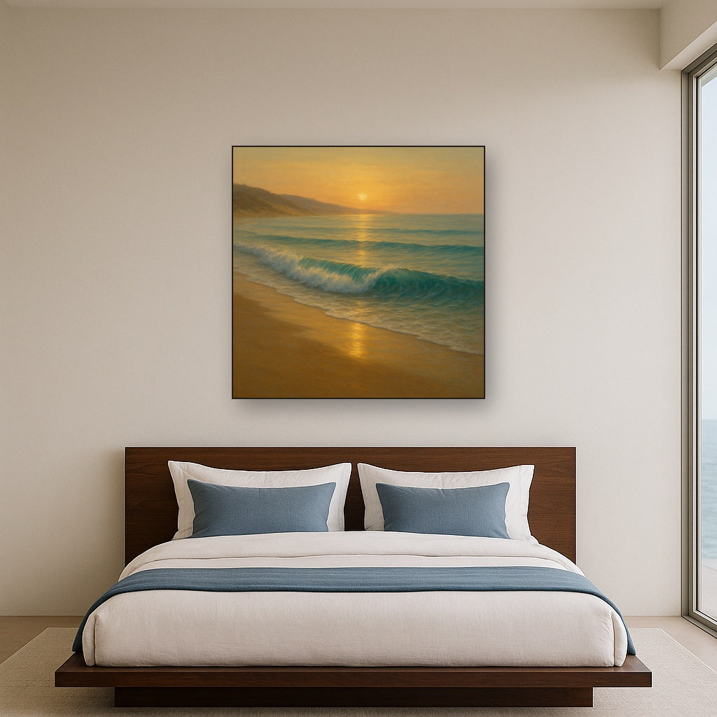 Gentle Breaking Waves & Wet Beach Reflection No. 12 Oil Painting Staged Above Master Bed in Bedroom, Calming Neutral Hand Painted Oil Art
