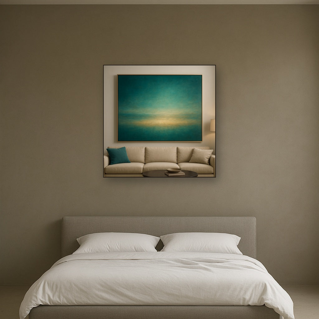 Peacock Teal & Champagne Gold Horizon No. 20 Oil Painting Staged Above Master Bed in Bedroom, Calming Neutral Hand Painted Oil Art