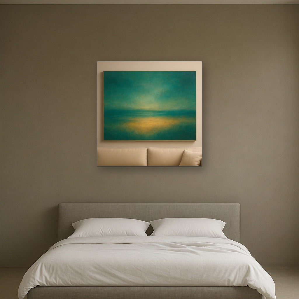 Peacock Teal & Champagne Gold Horizon No. 5 Oil Painting Staged Above Master Bed in Bedroom, Calming Neutral Hand Painted Oil Art