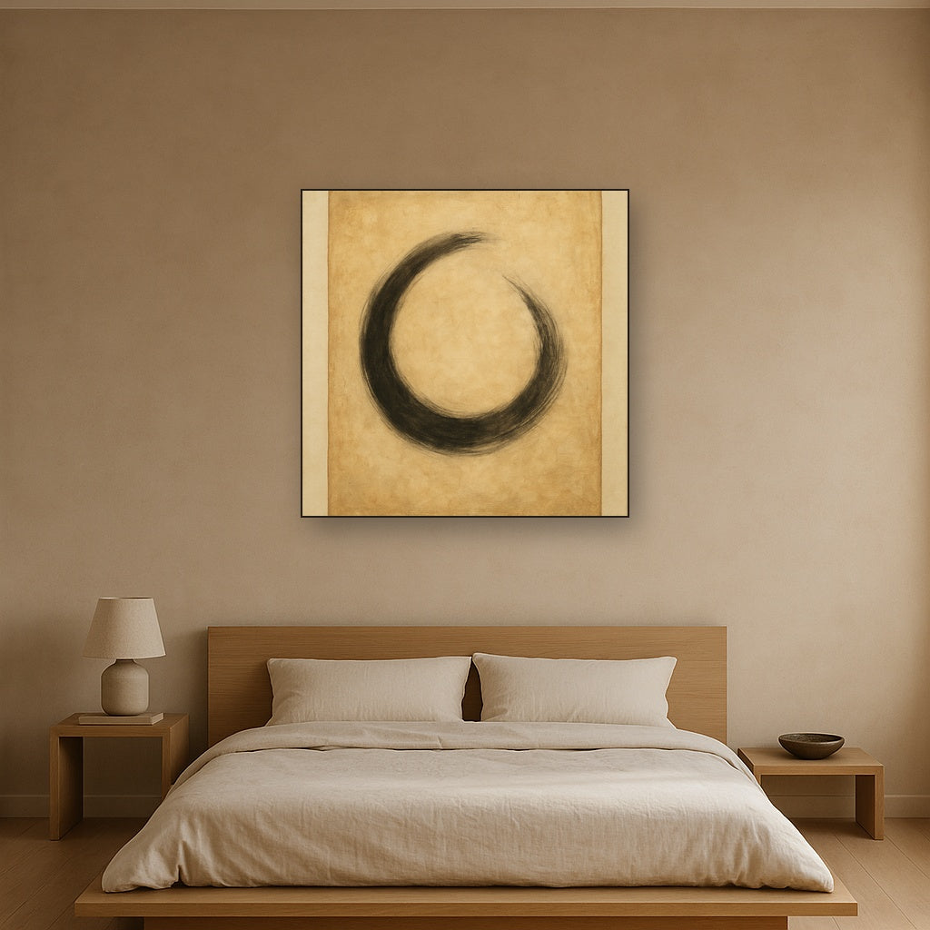 Aged Rice Paper & Charcoal Calligraphic Balance No. 14 Oil Painting Staged Above Master Bed in Bedroom, Calming Neutral Hand Painted Oil Art