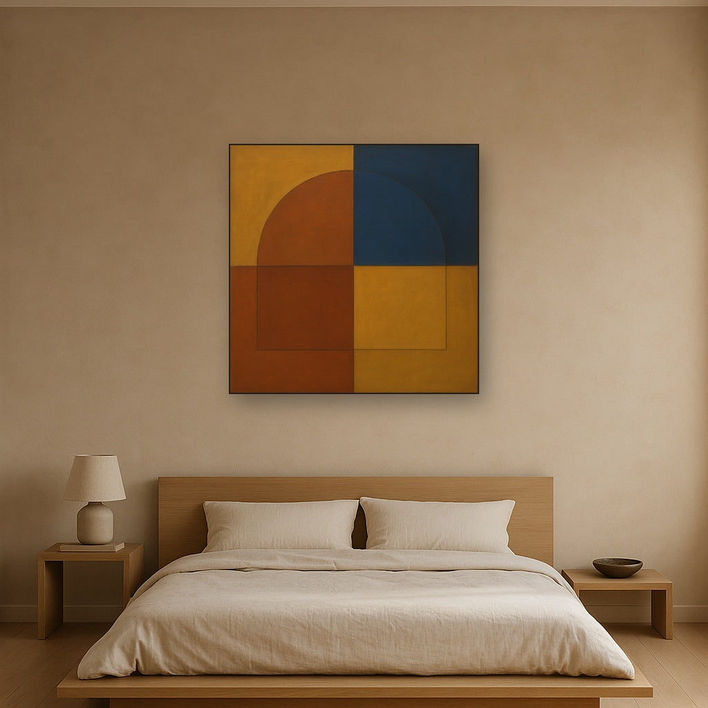 Bauhaus Quadrant Harmony in Primary Earth Tones No. 23 Oil Painting Staged Above Master Bed in Bedroom, Calming Neutral Hand Painted Oil Art