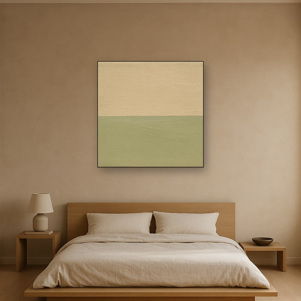 Muted Horizon Calm Japandi Oil Painting - Styled in Master Bedroom