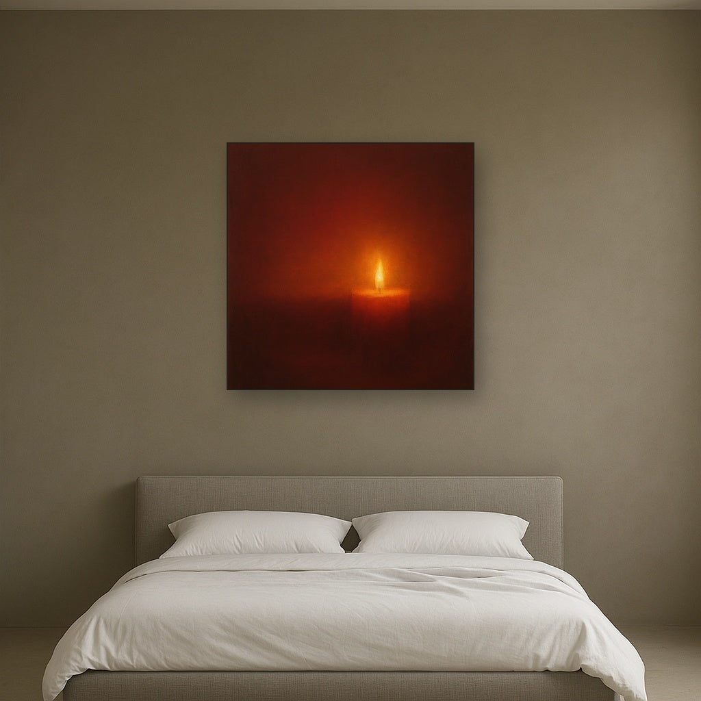 Deep Garnet & Amber Candlelight Horizon No. 16 Oil Painting Staged Above Master Bed in Bedroom, Calming Neutral Hand Painted Oil Art