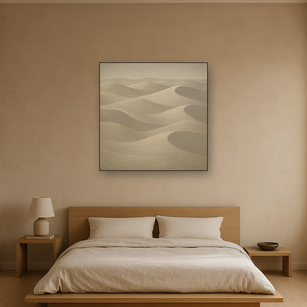 Monochrome Sand Dune Contours & Pale Slate No. 9 Oil Painting Staged Above Master Bed in Bedroom, Calming Neutral Hand Painted Oil Art